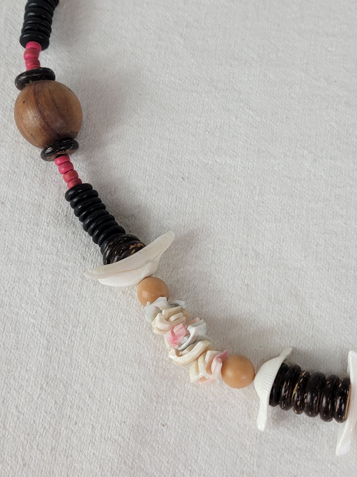 2 Vtg African Carved Wood Safari Necklaces Elephant Rhino Shell Discs Beads Boho