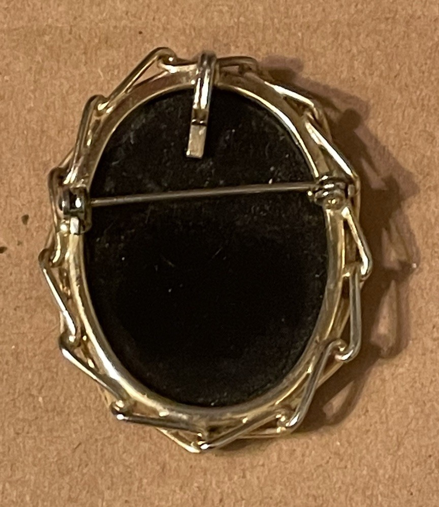 Vintage Merman Devil Neptune Zodiac Aquarius Black & Gold Oval Pendant Brooch