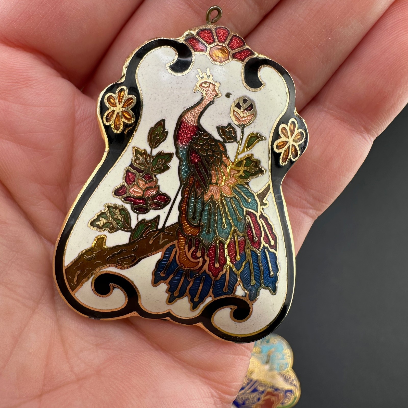 Vintage Cloisonne Enamel Pendant Lot LG Heavy Medallions Puffy Peacock WWII 71st