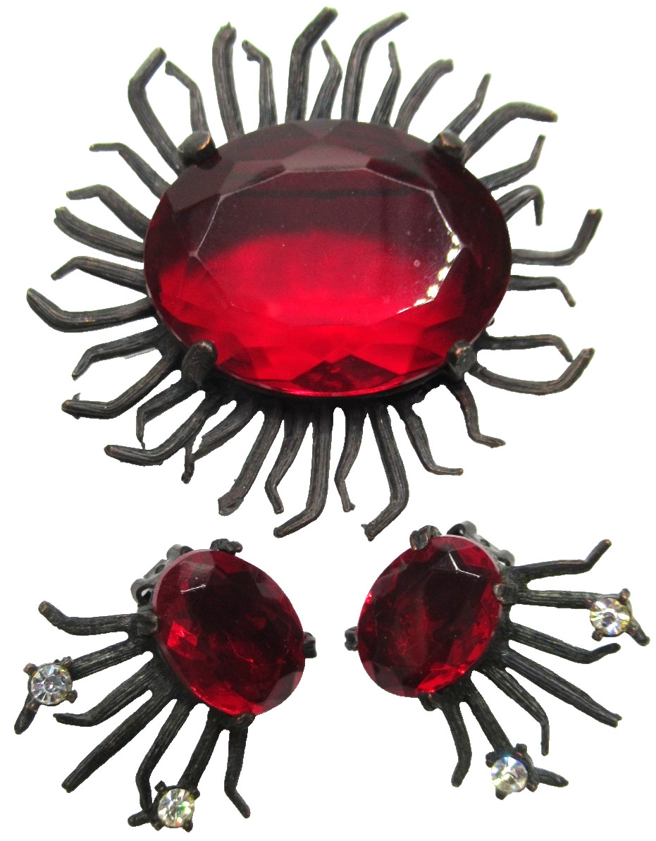 Gorgeous Spikey Japanned Metal Red Glass Vintage Brooch Earring Set