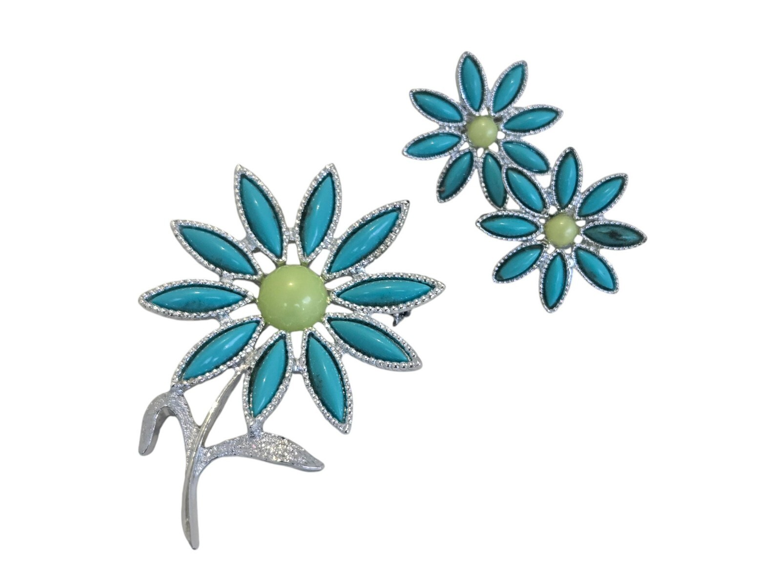 Vtg Sarah Coventry Daisy Time Brooch w/ Matching Clip-on Earrings (1971) Signed