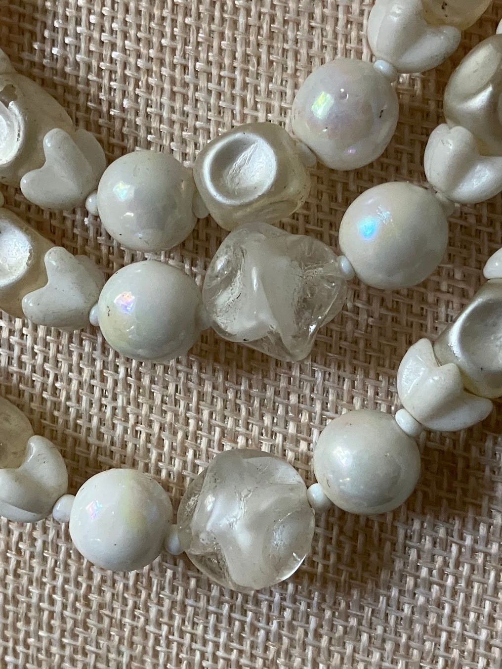 Vintage White Glass Beaded Necklace Bracelet Set Opalescent MCM Bridal