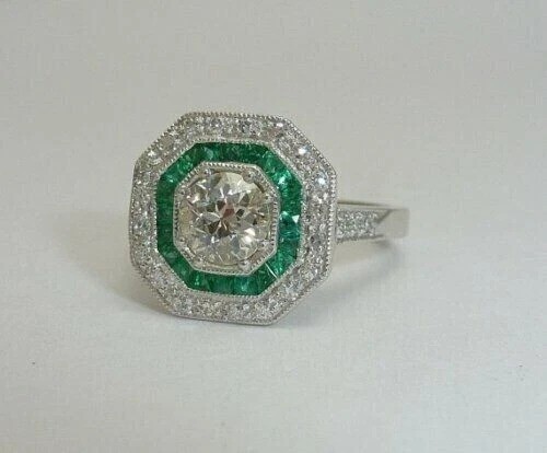 Art Deco Style Lab Created Diamond & Emerald Anniversary 14K White Gold FN Ring