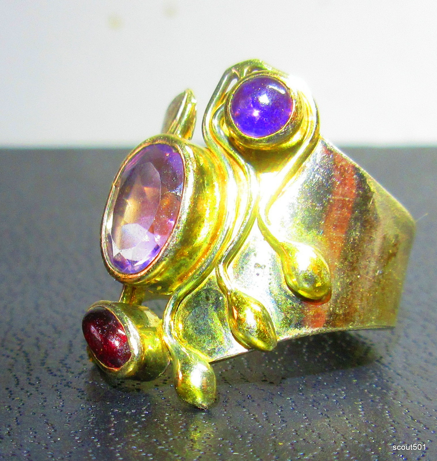VTG Yossi Ezra Studio YES Sterling Vermeil Amethyst Garnet Modernist Ring Size 7