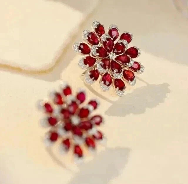 Art Deco Style Lab Created Diamond & Red Garnet Anniversary 14K Gold FN Earrings