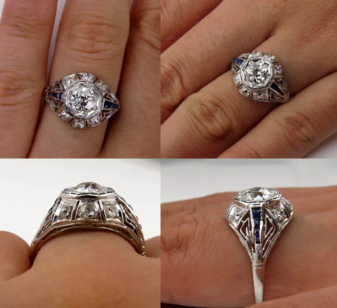 Art Deco 4Ct Lab Created Diamond & Sapphire 14K White Gold FN Engagement Ring