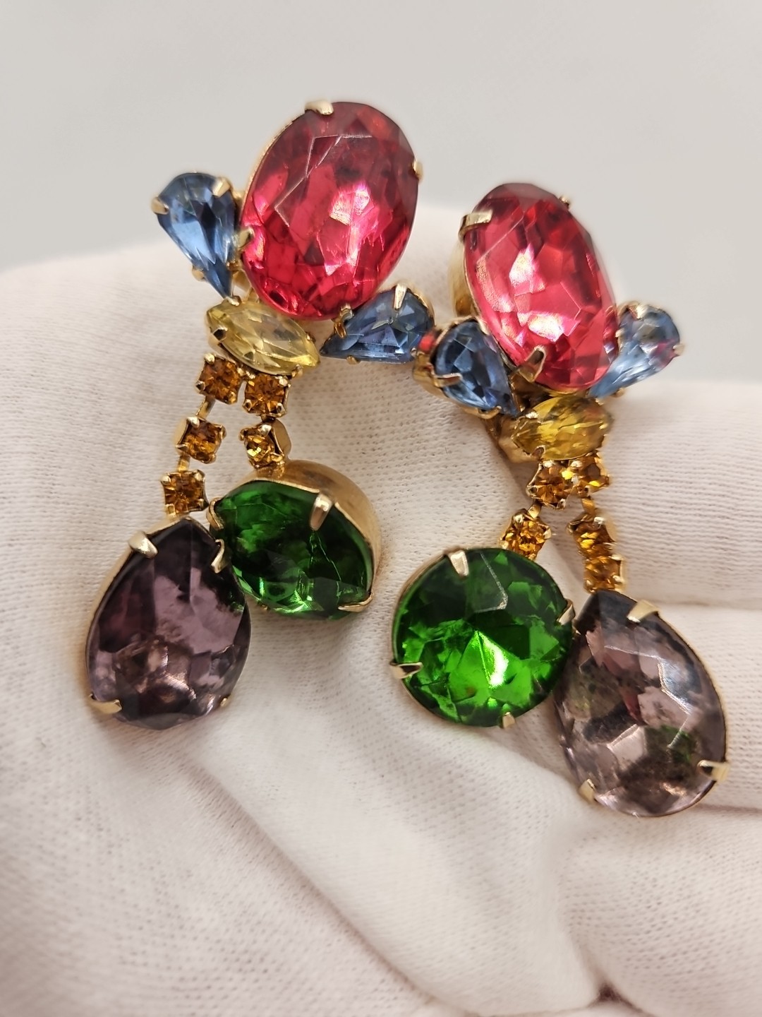 Vintage Chandelier Large Brooch & Earrings Multicolor Rhinestones Set