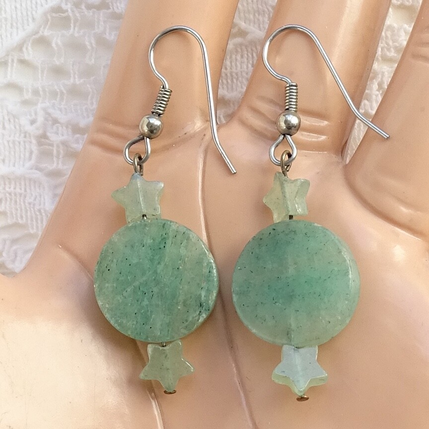 Vtg Green Chrysoprase Gemstone Celestial Dangle Pierced Earrings Moon Stars 2″