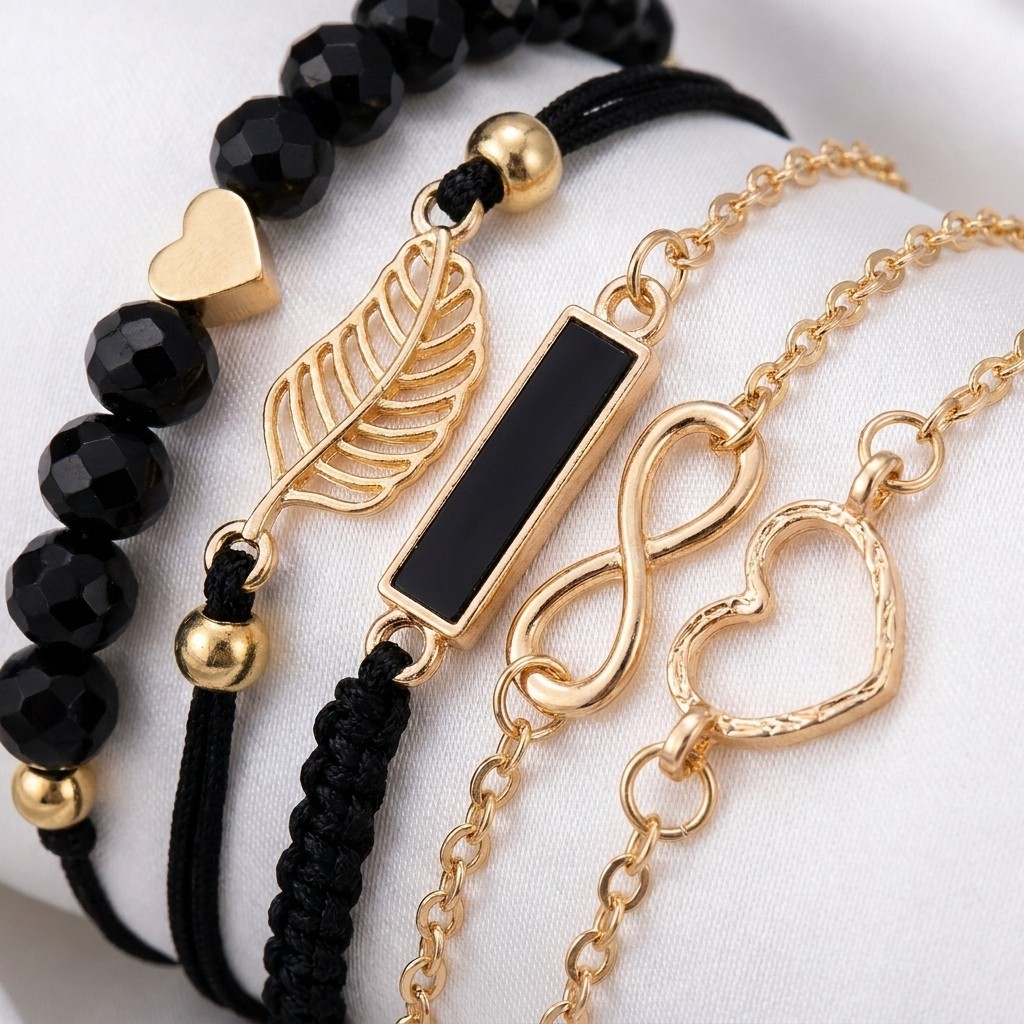 5pc Bohemian Bracelet Set Black Enamel Heart Bead Wrist Chain Women Gold Tone