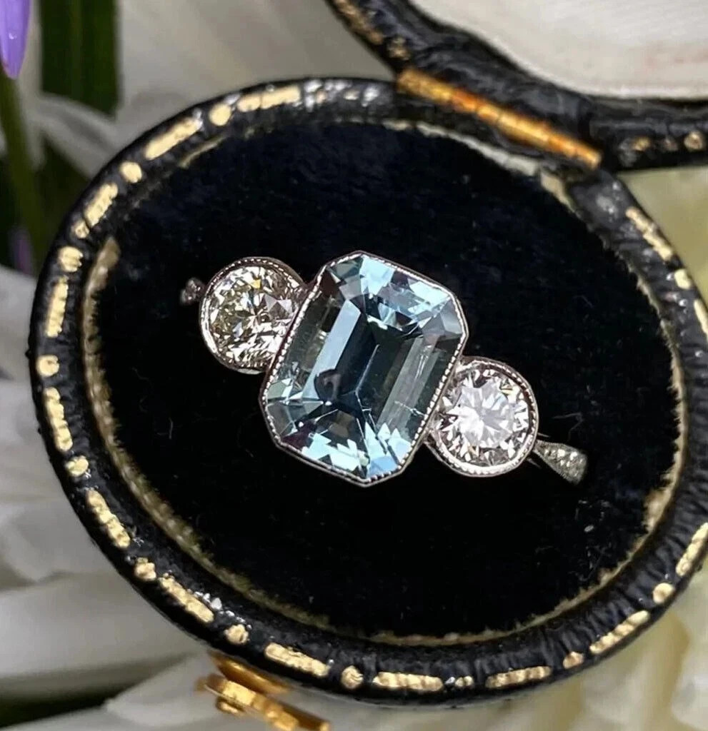 Art Deco Style 2.55Ct Lab Created Aquamarine Engagement 14K White Gold FN Ring