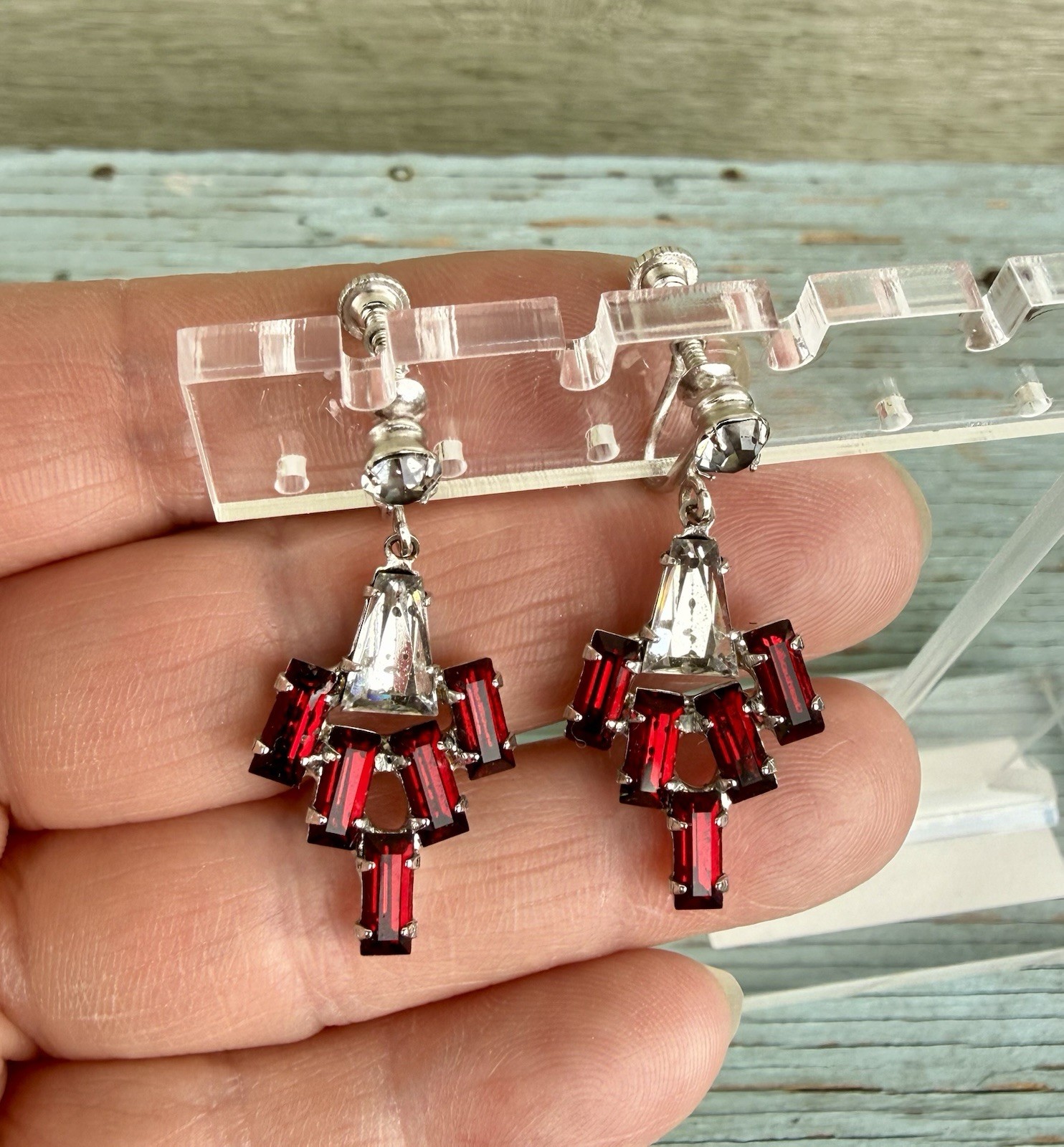 Vintage 1950’s B. David Red & Clear Rhinestone Drop Dangle Necklace & Earrings