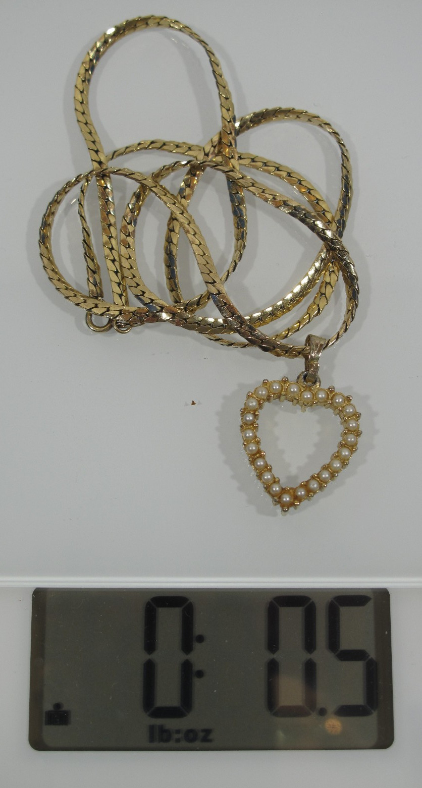 14 K GF Heart Shaped Rhinestone~Pearl Necklace~23″ Herring Bone Chain 8 grams