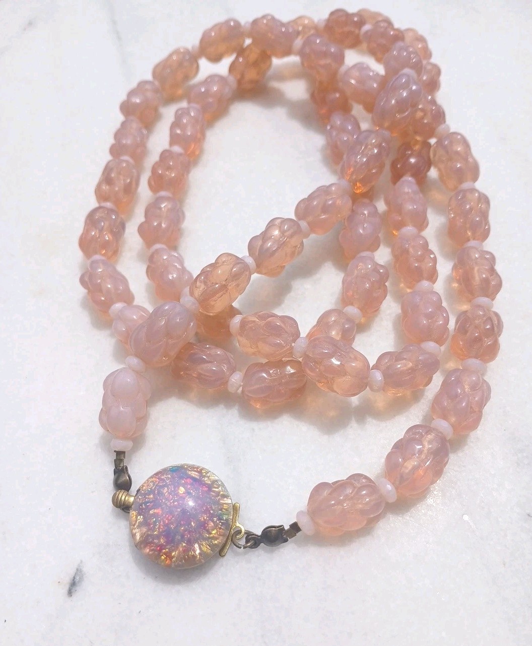 ANTIQUE MOLDED BERRY OPAL MILKY PINK OPALINE GLASS BEAD FLAPPER NECKLACE SET 3ft