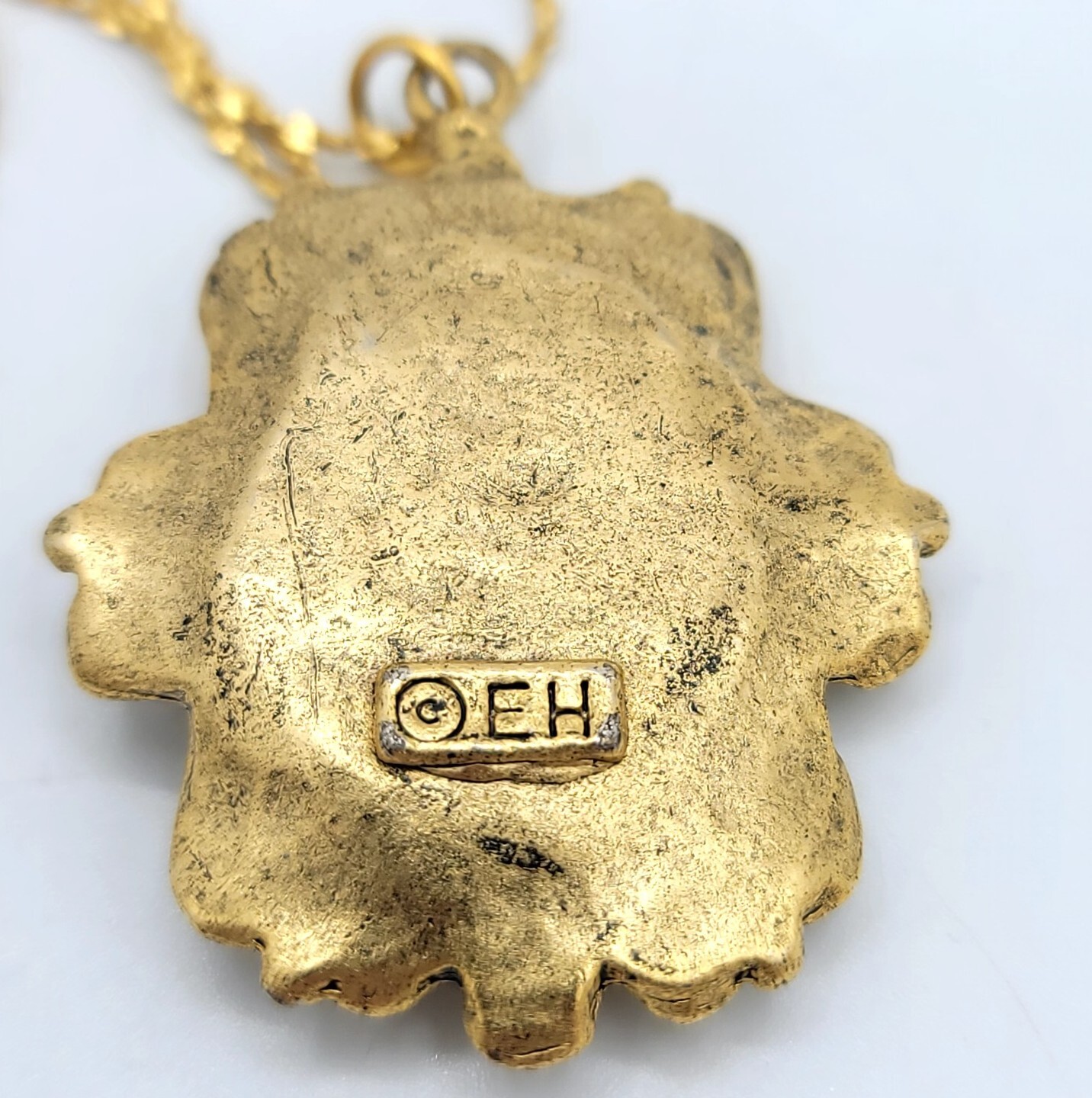Vtg Necklace Pendant Signed EH Scrolls Designer Gold Plated Fashion Jewelry