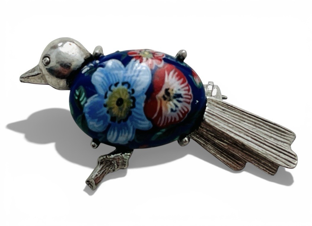 Vintage Mid Century Floral Glass Cabochon Figural Bird Brooch