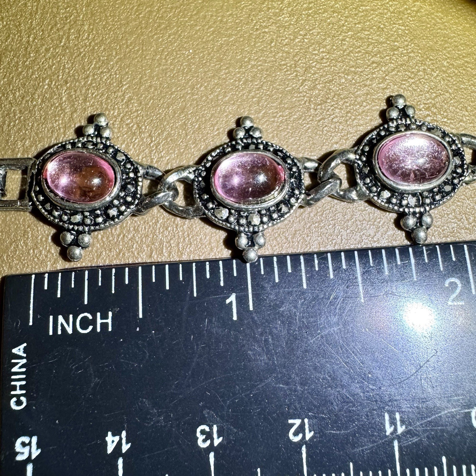 Vintage Silver Beaded & Marcasite Collar Necklace, Bezel Set With Pink Cabochons