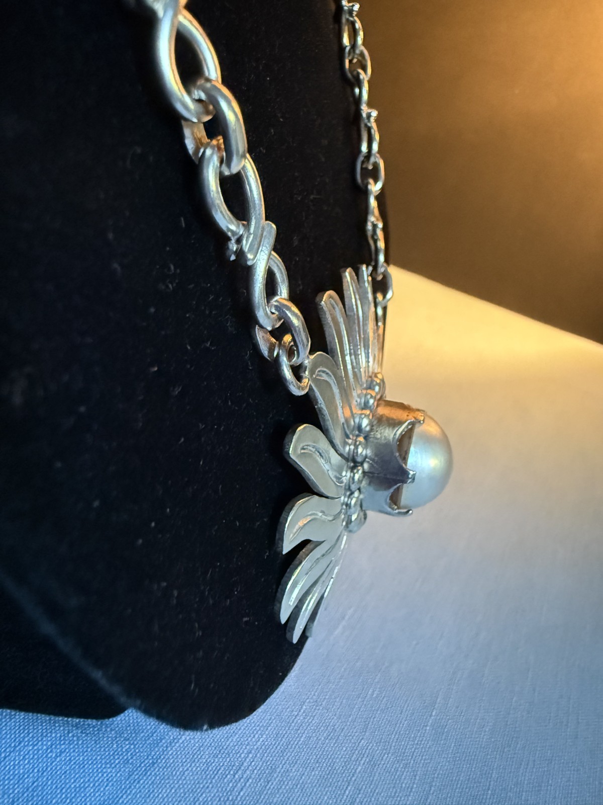 TAXCO MEXICO LPV VTG STERLING SUNFLOWER MABE PEARL BOLD STATEMENT NECKLACE 123g