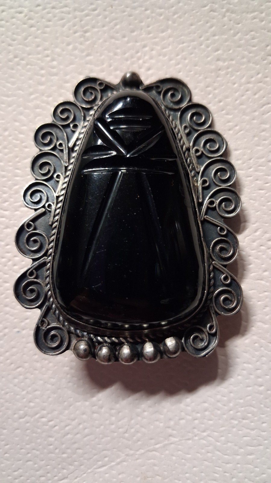 Taxco Mexican Sterling Silver 925 Carved Black Onyx Obsidian Mask Brooch Pendant