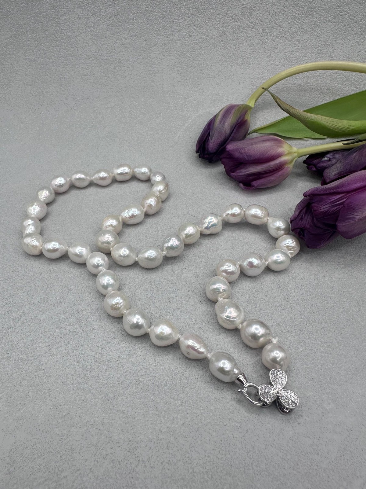 21” White Baroque Edison Pearl Necklace Kasumi Style Sterling Silver CZ Clasp