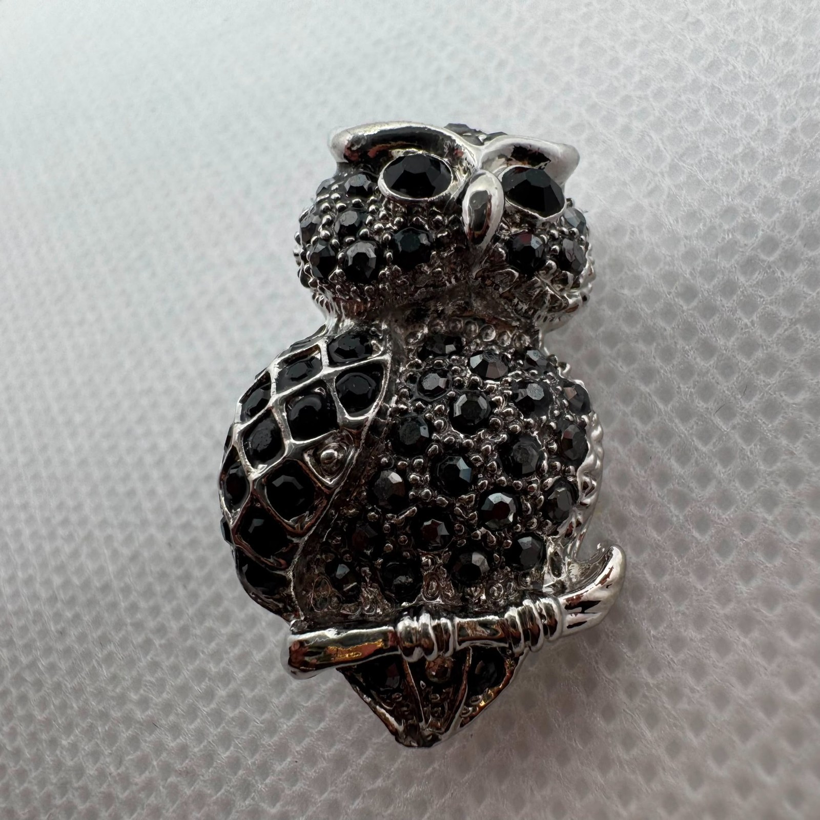 Vintage Black Crystal Owl Brooch Silver Tone Owl Pin Gift for Her