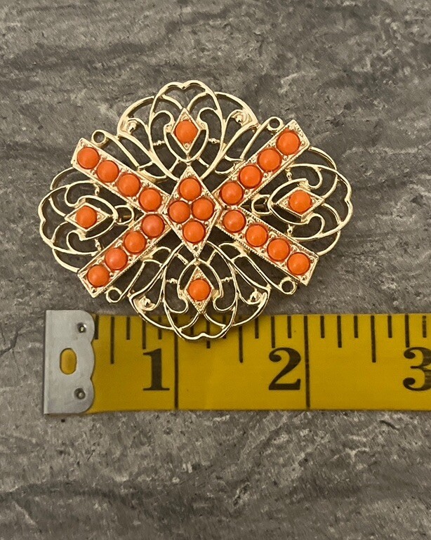 Vintage Sarah Coventry Gold Tone Filigree Coral Colored Beaded Brooch Pin