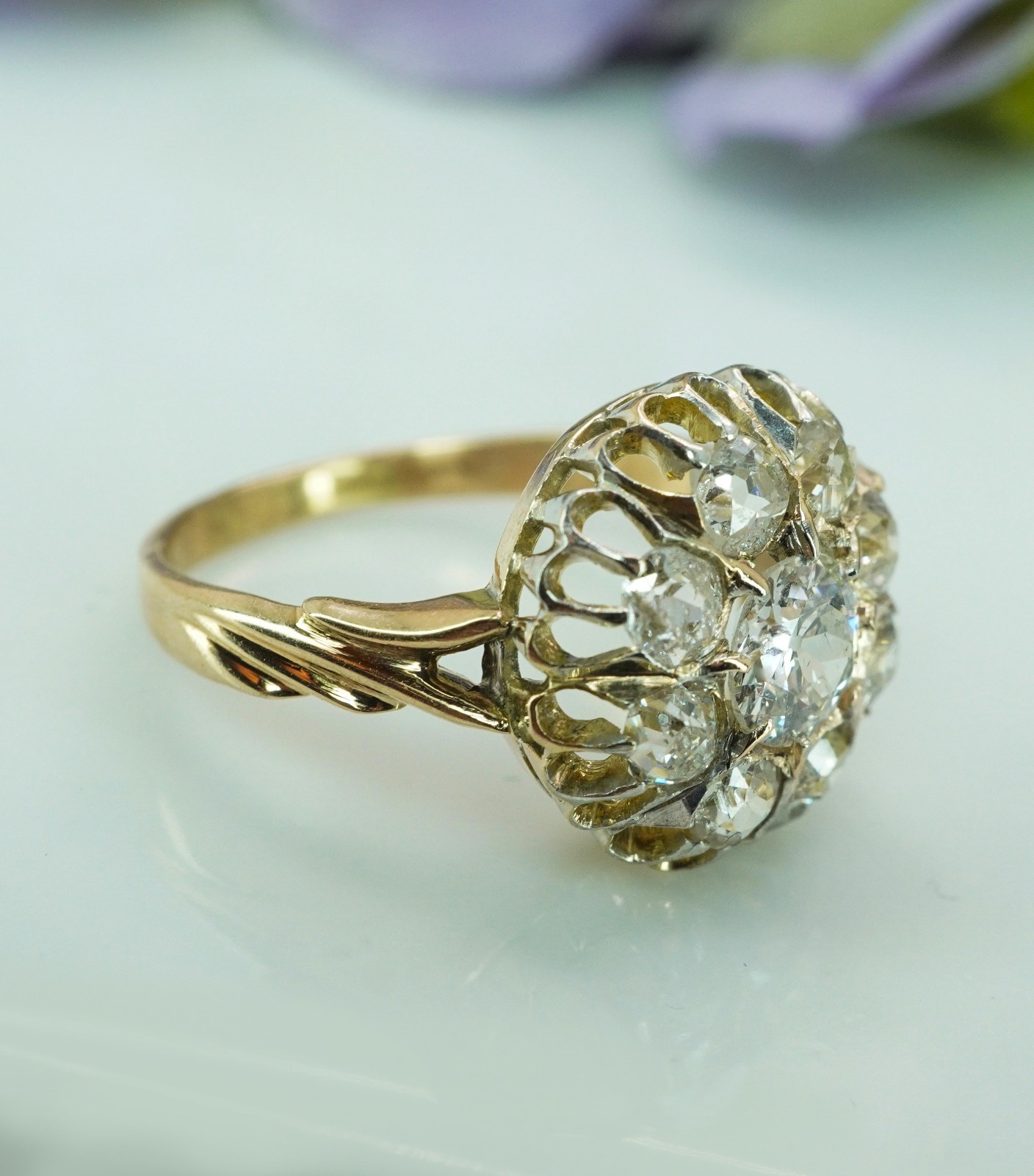 Antique Victorian Old European Mine cut Diamond Filigree Halo Ring 14K Gold