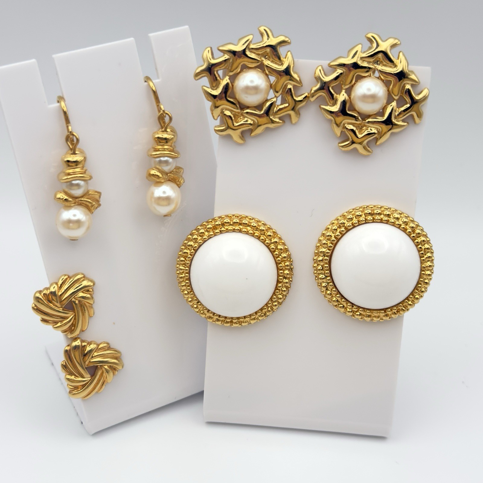 Vintage Gold Tone Earrings Lot Monet Sarah Coventry Pearl Snowman Clip On 4 Sets