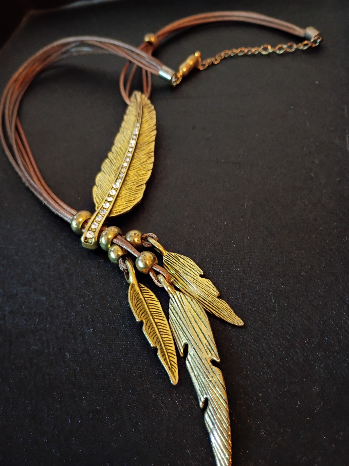Vintage Boho Rhinestone Feather necklace w/Layered Brown Rope-25 in long