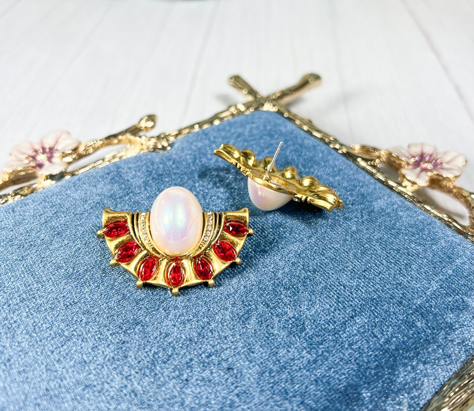 Victorian 14K Gold Earrings, Vintage Opal Sapphire Earrings, Ruby Red Earrings