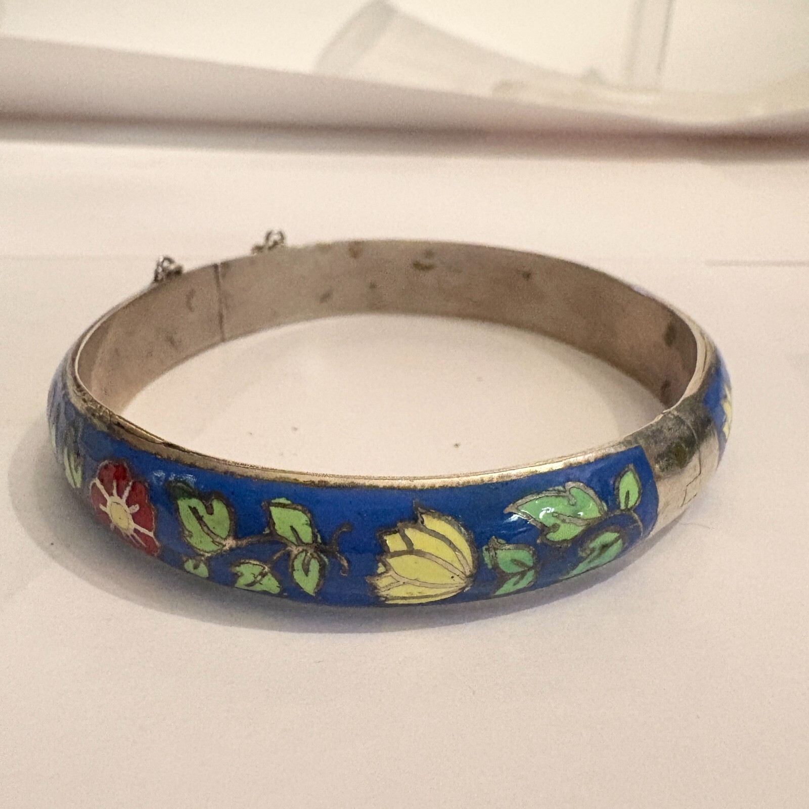 Vintage Sterling Silver Enameled Bracelet blue red yellow flowers 1930’S