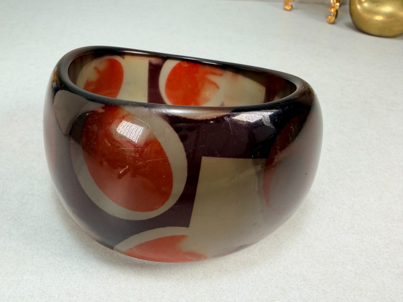 Vintage Wide Lucite Bangle Bracelet Brown Cream Orange Mod Retro
