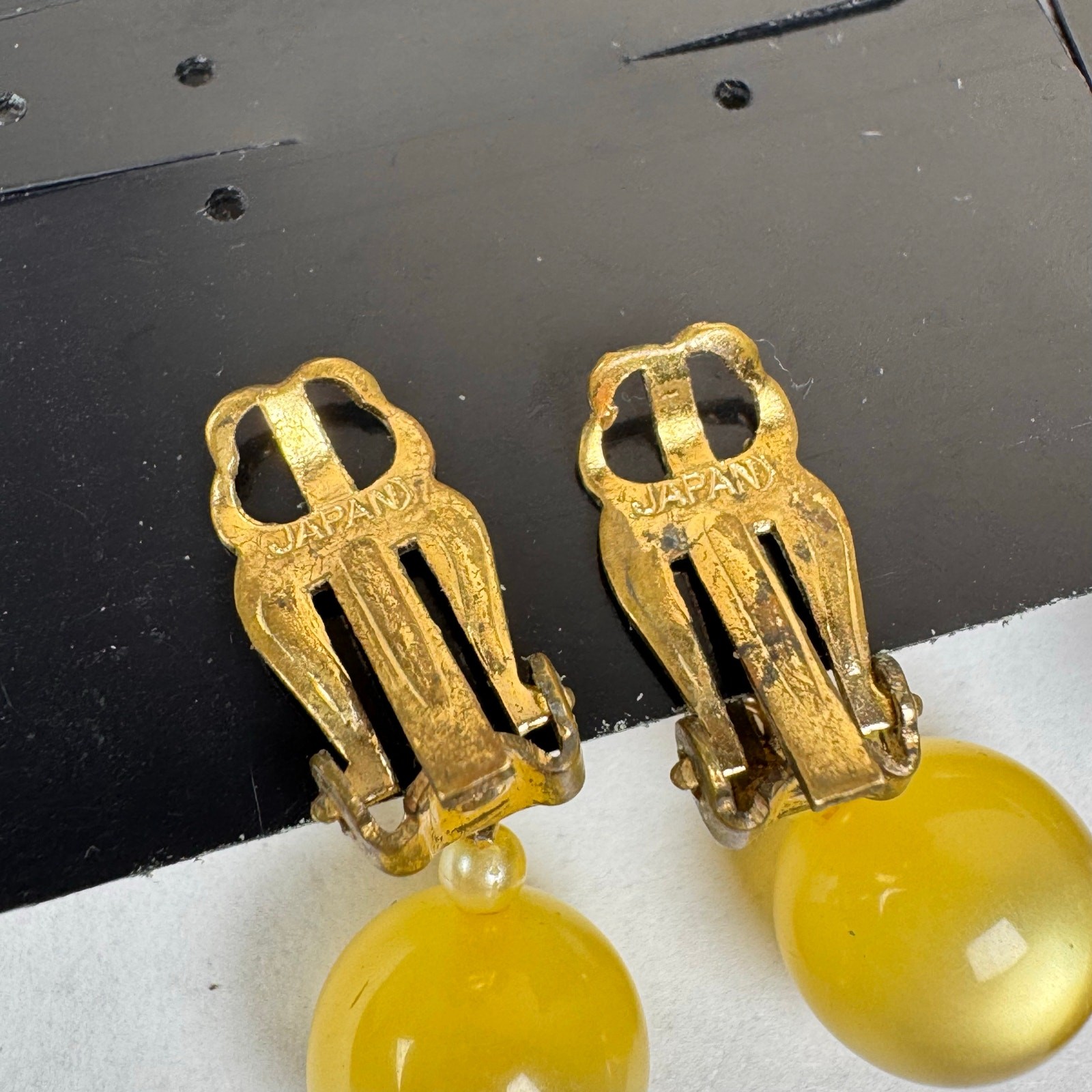 VTG Lucite Clip On Earrings Drop Dangle Hong Kong Japan Yellow Pink *set of 2*