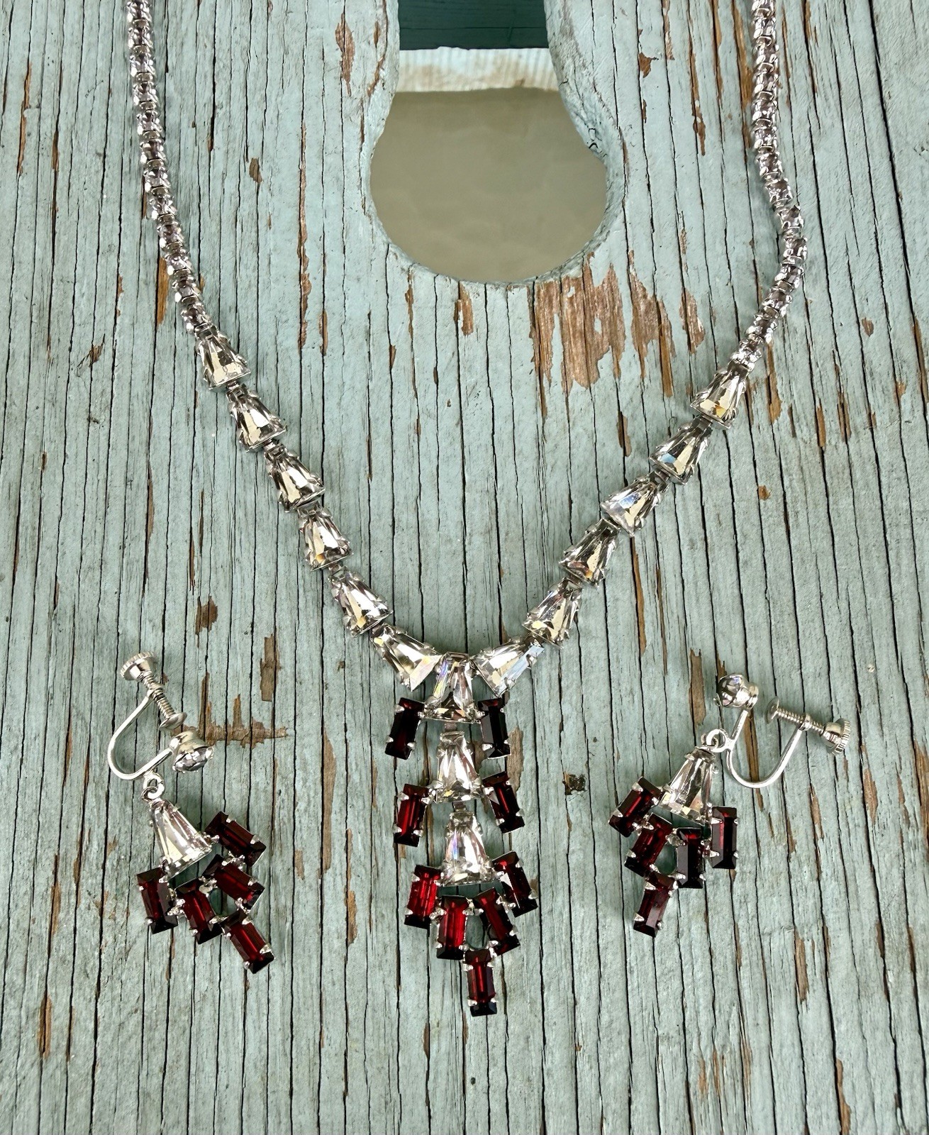 Vintage 1950’s B. David Red & Clear Rhinestone Drop Dangle Necklace & Earrings