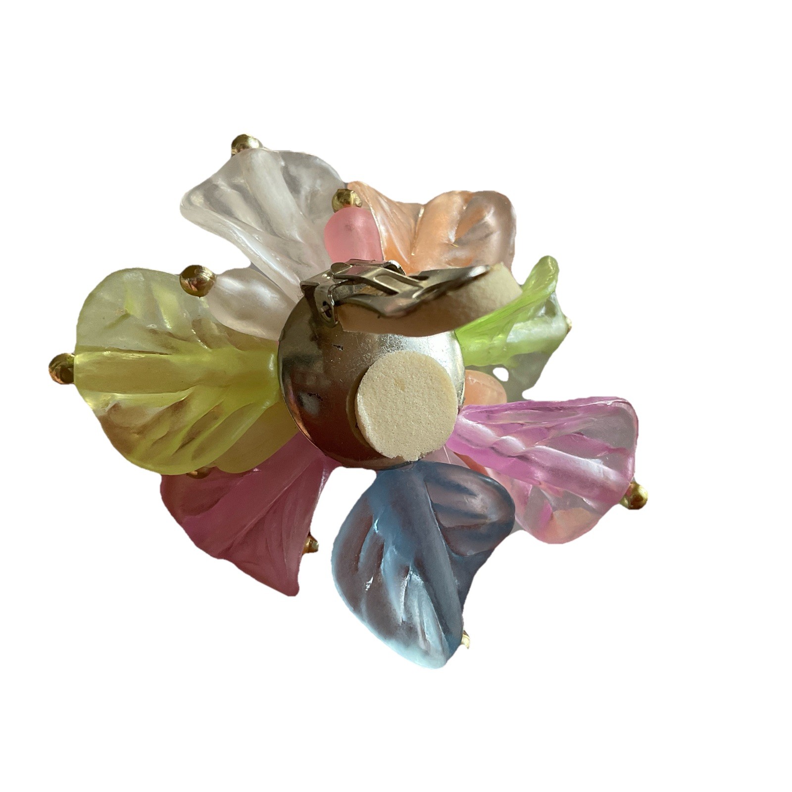 Vintage LUCITE ACETATE Large FLOWER EARRINGS PASTEL MULTI COLORS GOLD/T BEADS