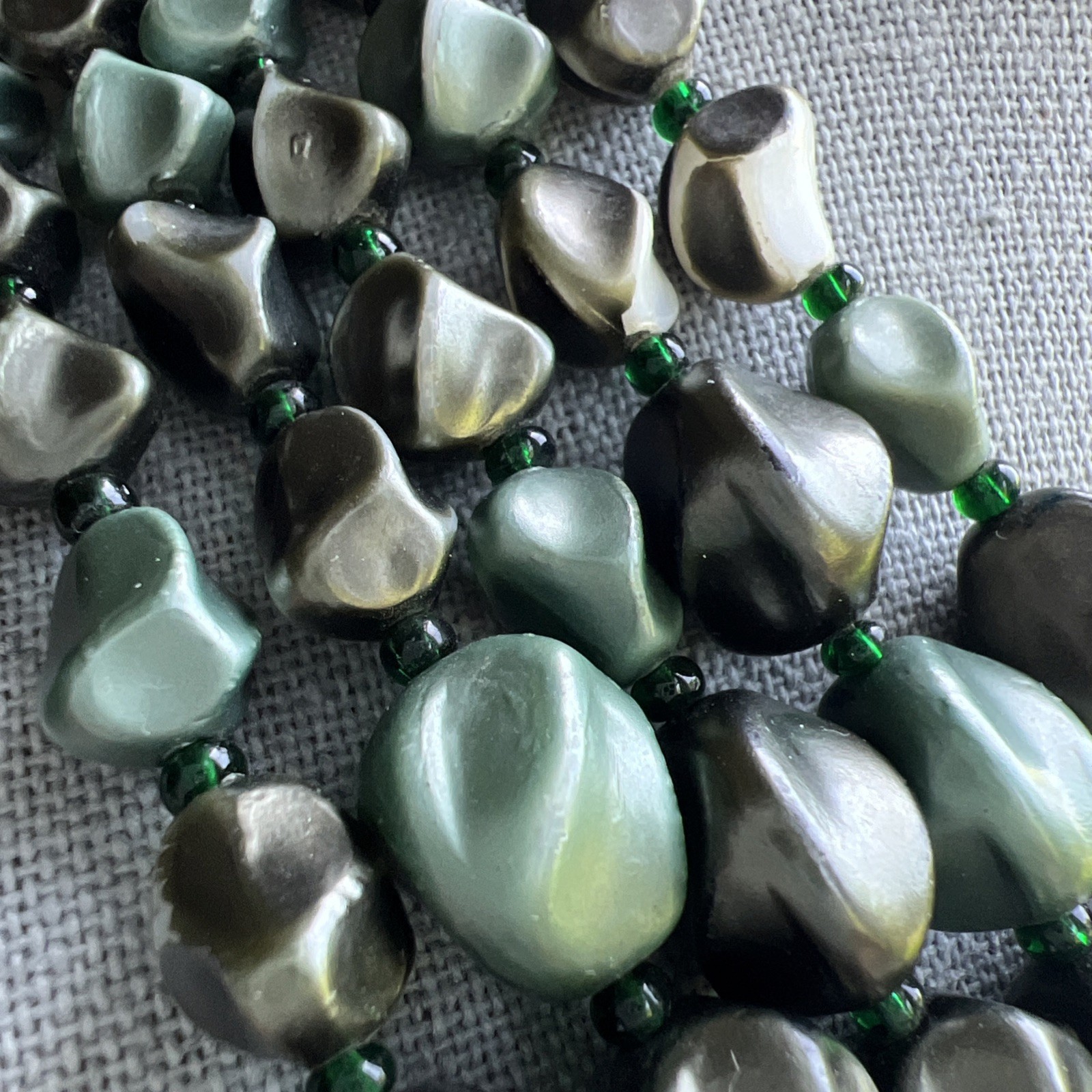 Rare Vintage 5 Strand Faux Stone Gray-Green Necklace; Beautiful!