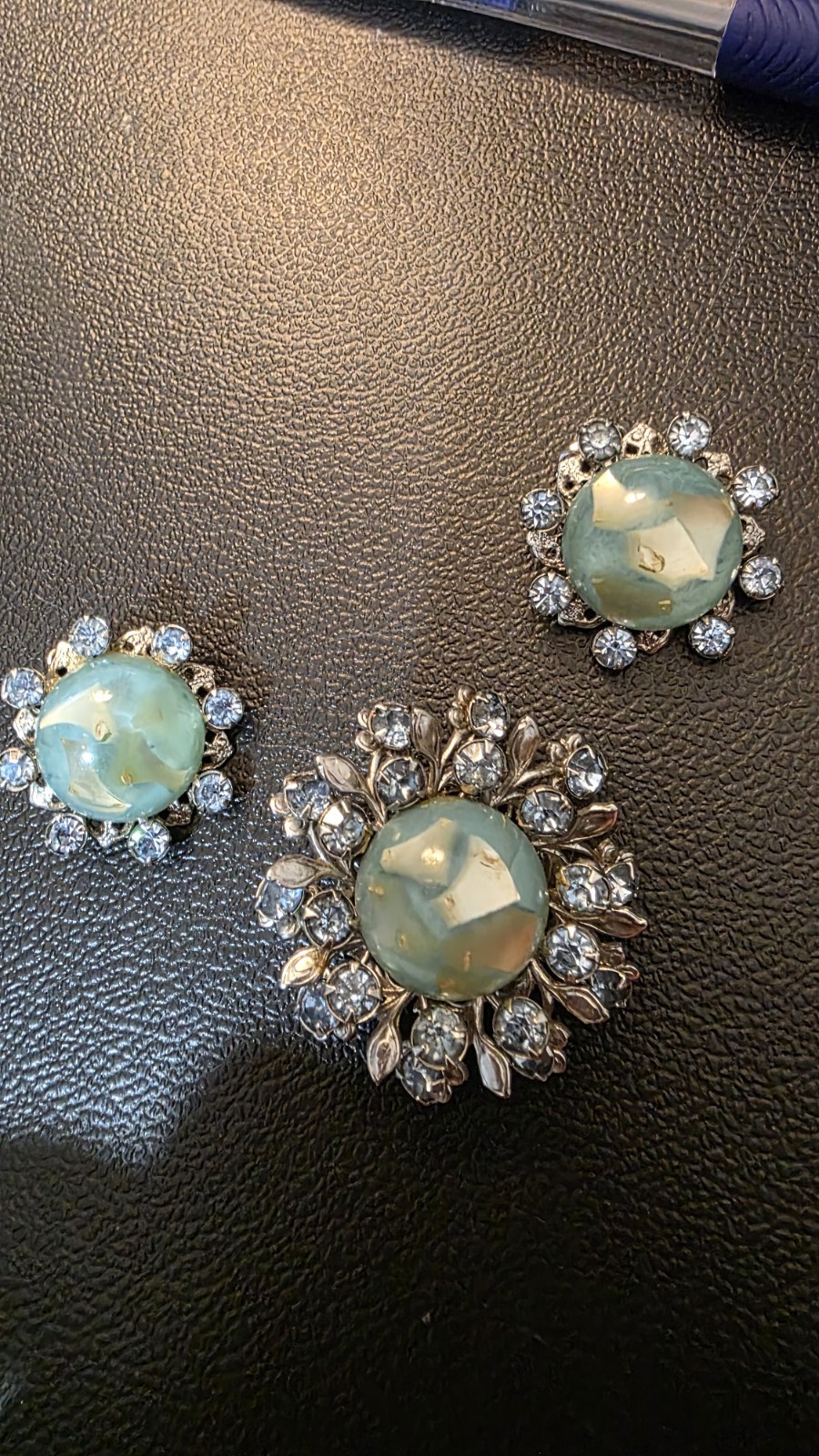 Vintage Cabochon Brooch Pin Earring Set Blue Green Artsy Stone Rhinestones