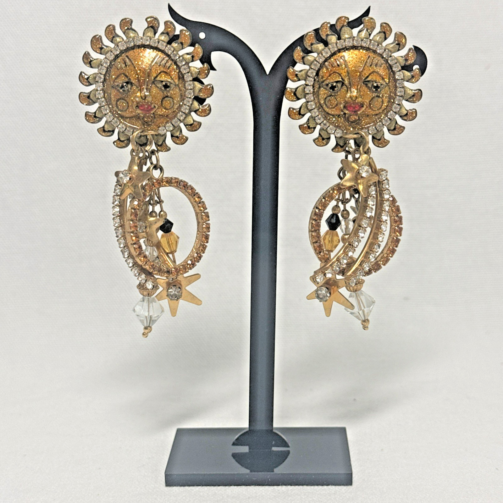 ” LUNCH at the RITZ ” Sun Goddess Solar Loops Swarovski Crystal Clip-on Earrings