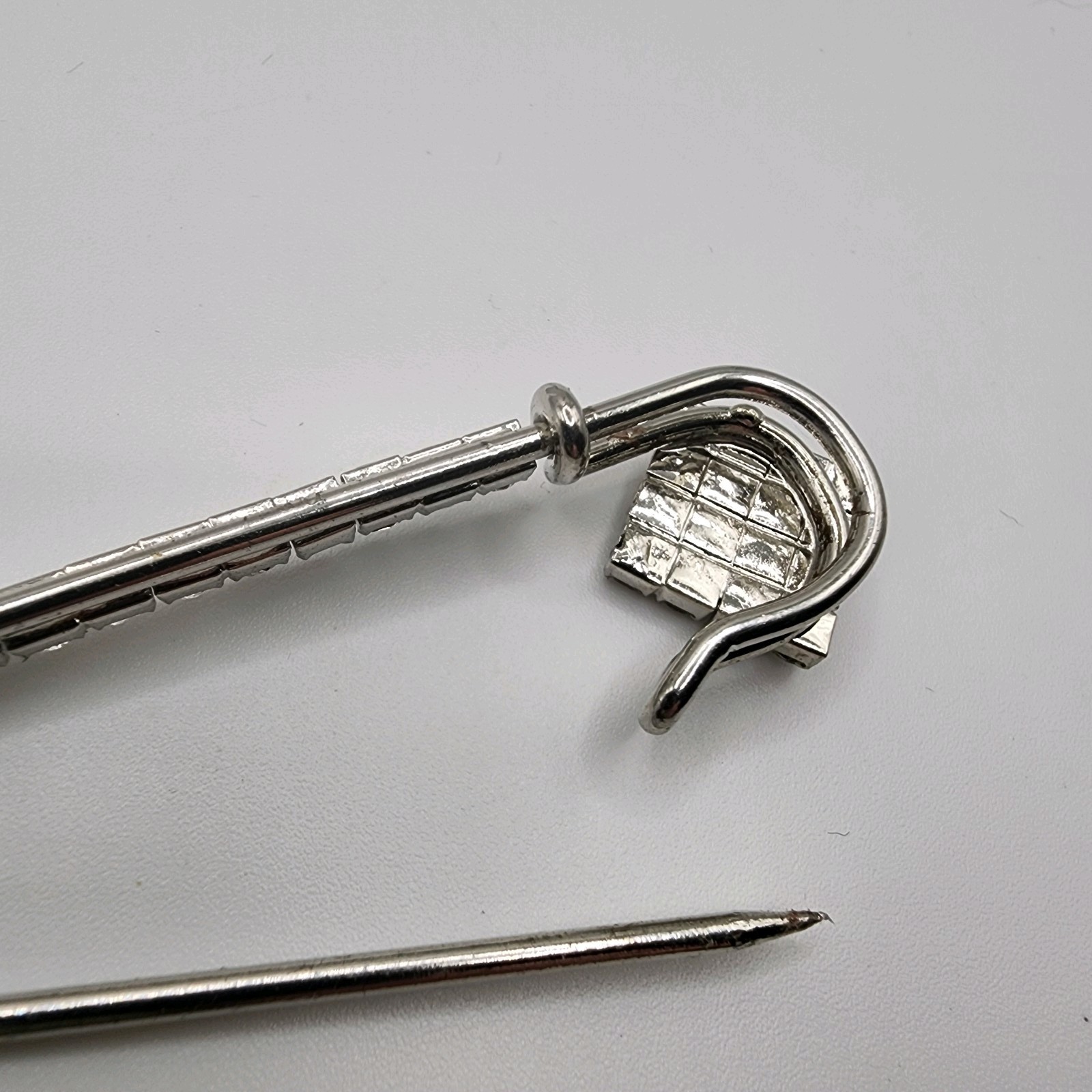 Square Diamond Shape Rhinestone Silver Tone Safety Pin Style Pin Brooch 3″ Long