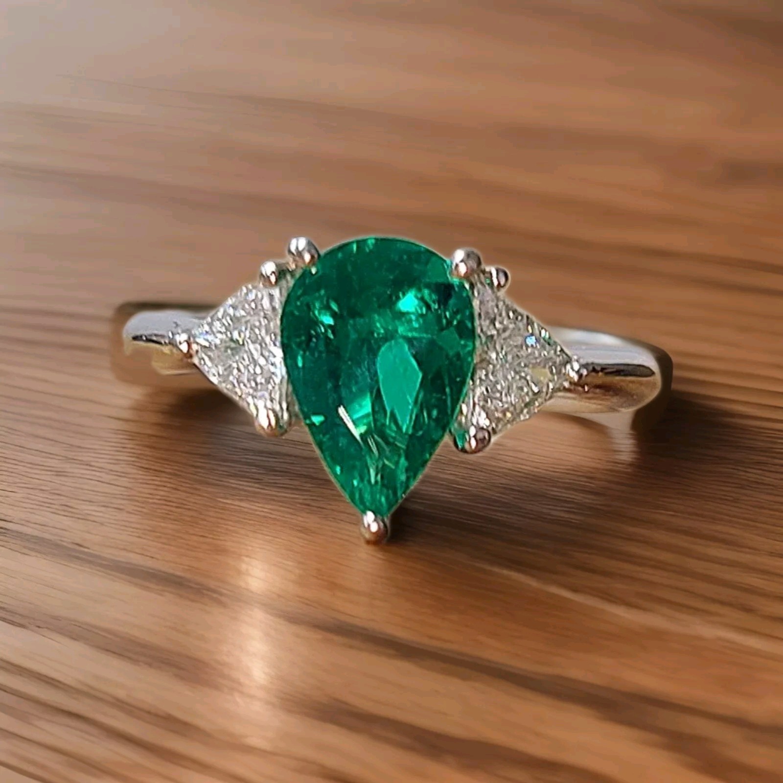 Vintage Platinum Engagement Ring 1.12CT. Natural Green Colombia Pear Shape