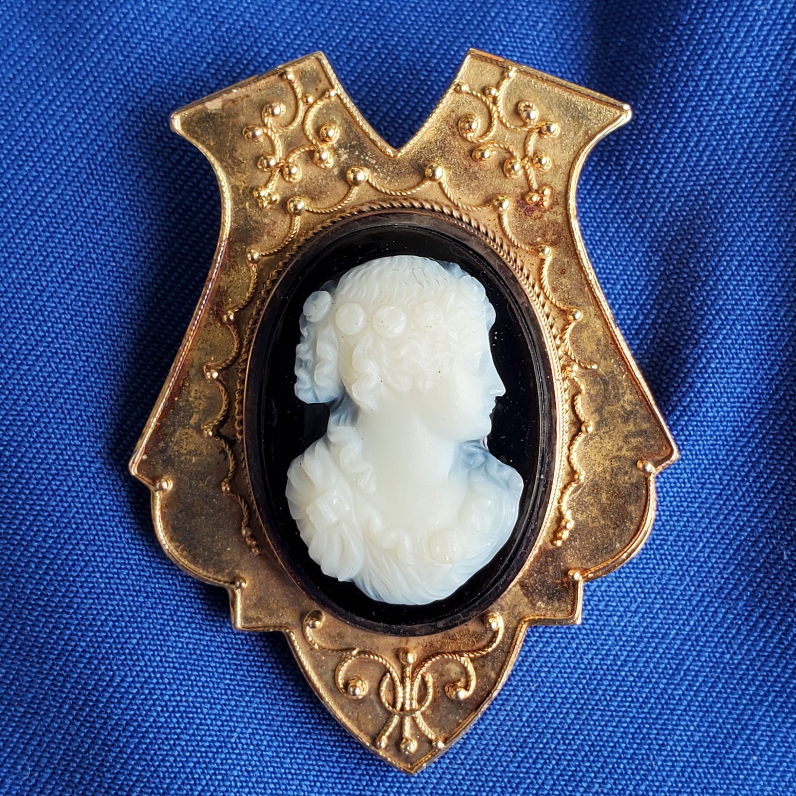 Victorian Memory Locket Brooch Antique 14K GOLD Deco HardStone Onyx Cameo Broach