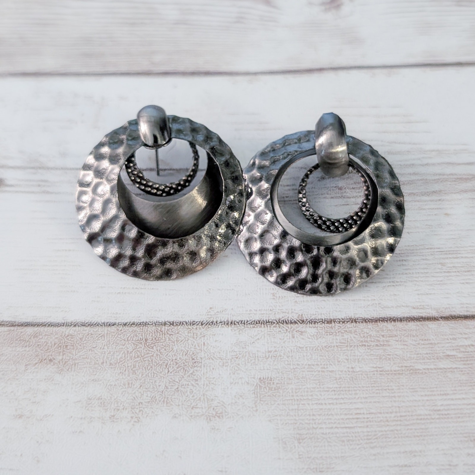 Vintage Stud Earrings Grey/Dark Silver Tone Large Dangle Statement
