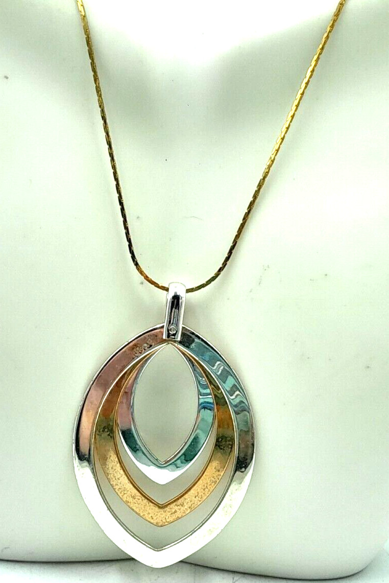 VTG BEST 2″ Silver & Gold Tone Dangle Pendant w/ 16″ Gold Tone Chain Necklace