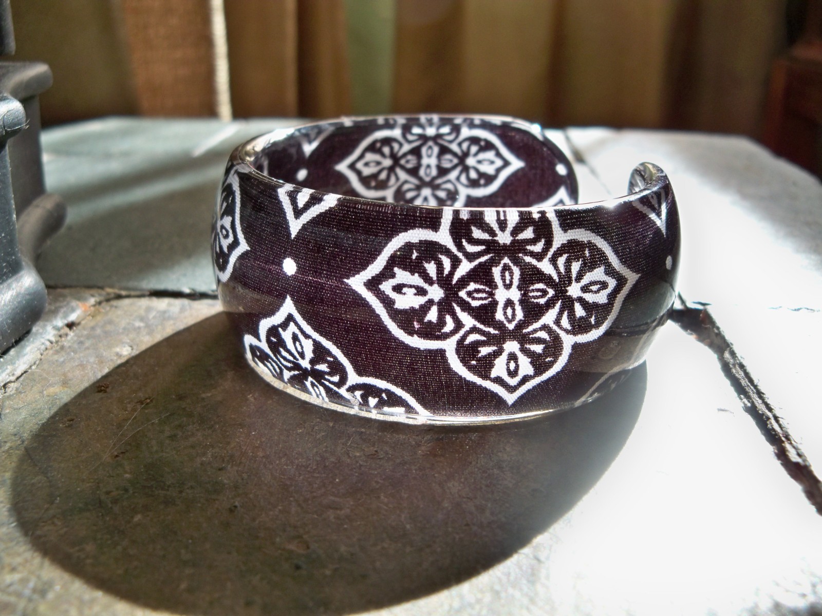 bracelet clear transparent jewelry cuff plastic resin inlay fabric black white