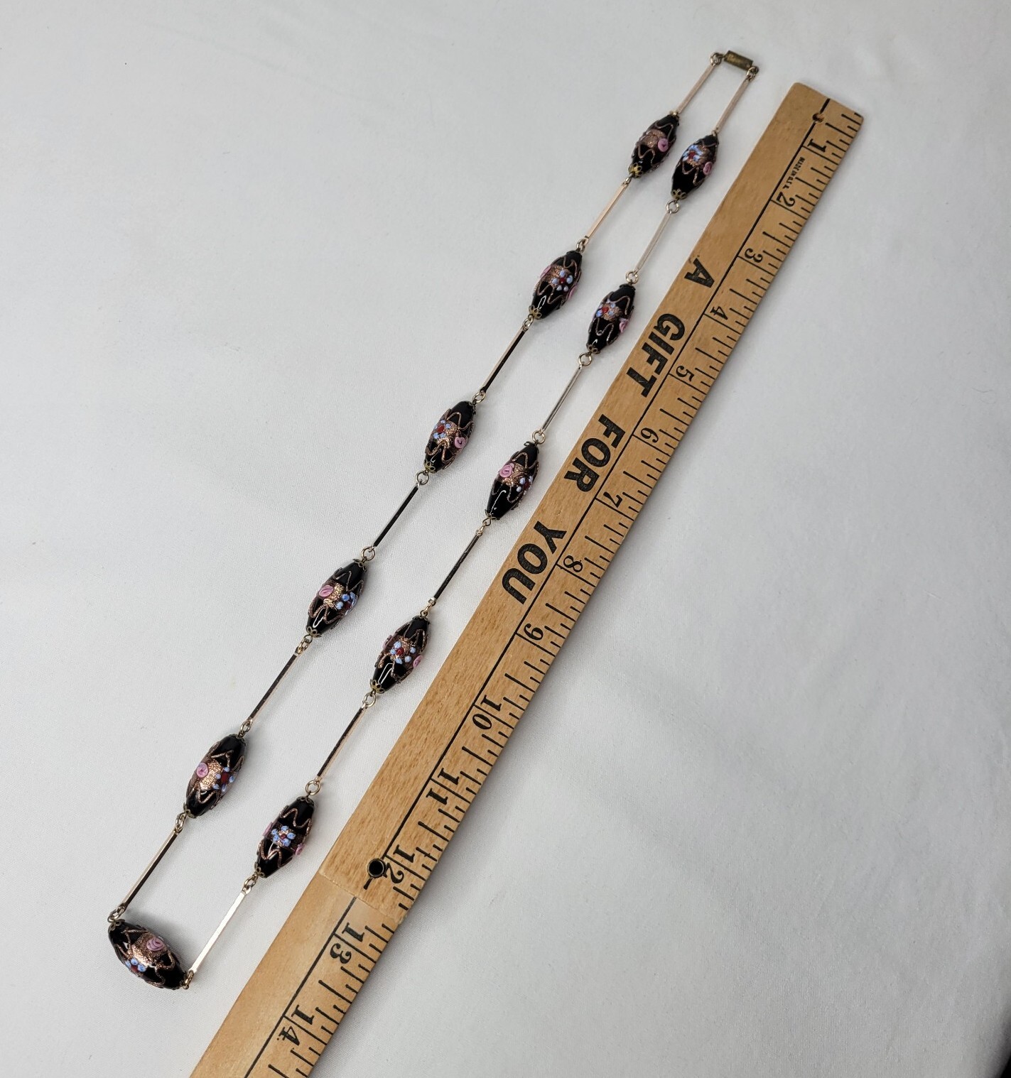 Vintage Venetian Glass Beaded Necklace Black Pink Blue Lampwork Beads Gold Tone