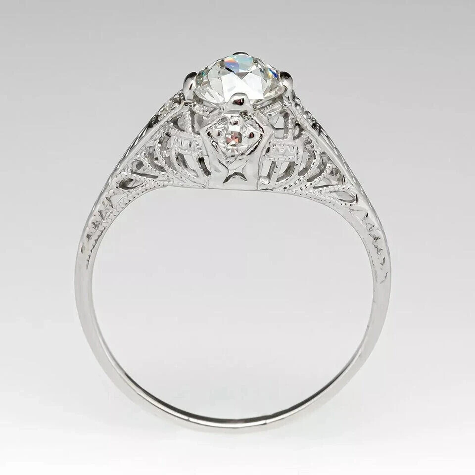 Art Deco Vintage Style Round Lab Created Diamond Wedding Ring 14K White Gold FN