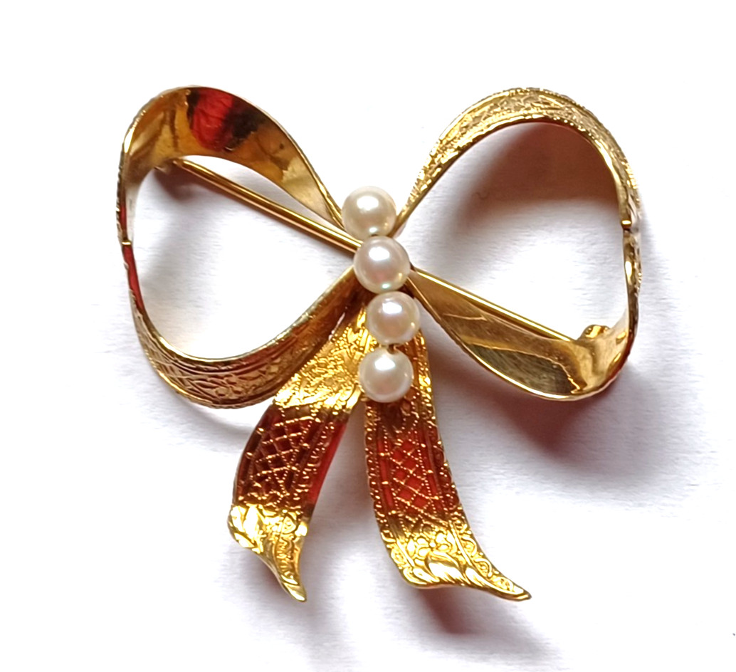 Vintage 12K Gold Filled Bow & Pearl Brooch Signed H.G.