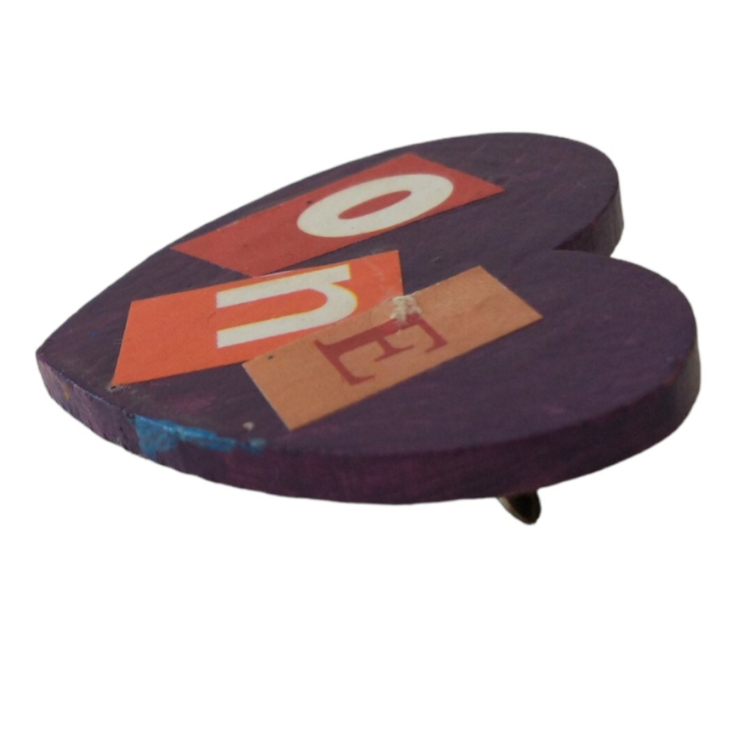 One Love Heart Brooch Pin Handmade Wooden Painted Valentine Mod Podged Eclectic