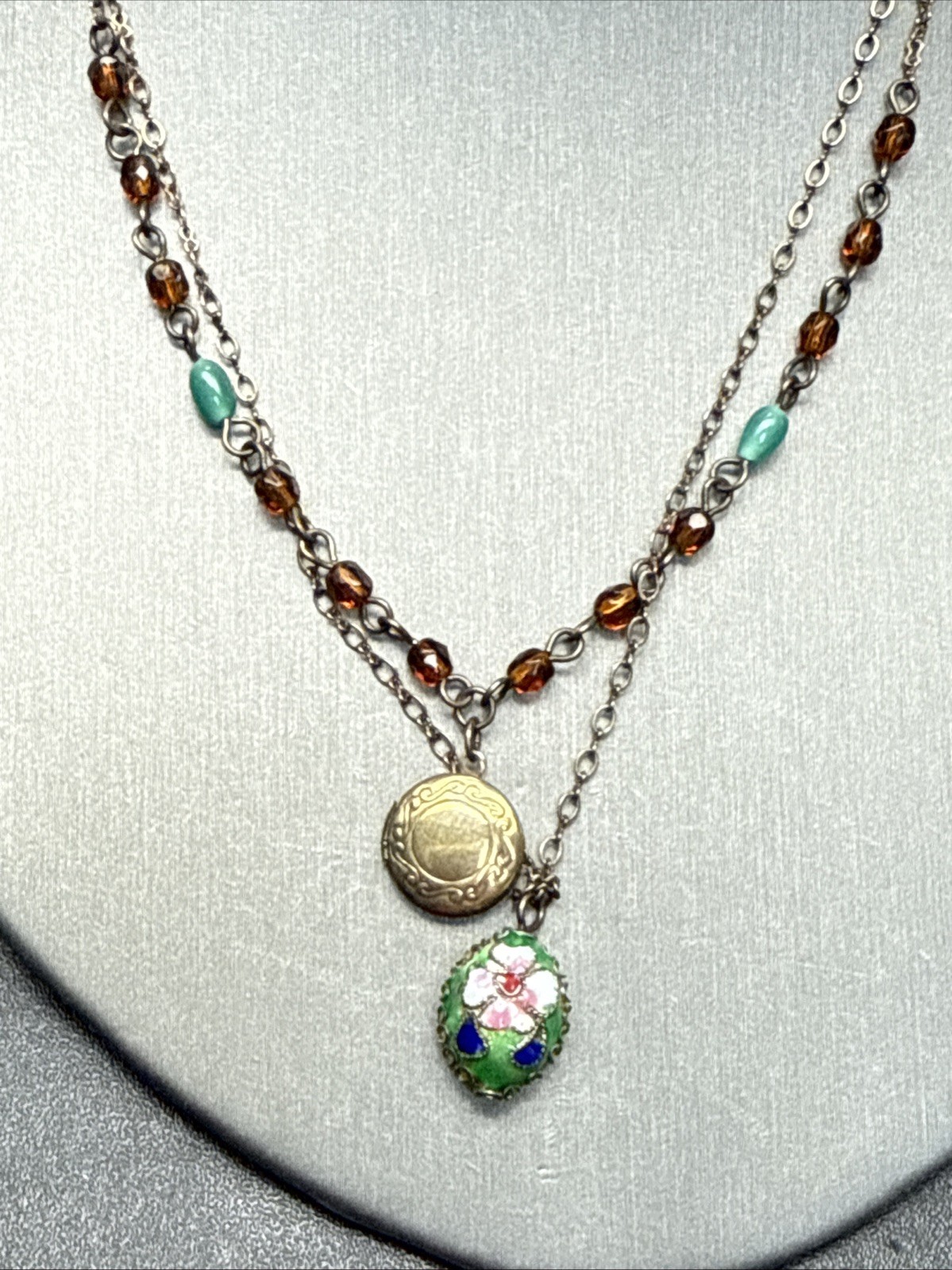 Vintage Necklace Picture Locket Cloisonné Pendant Glass Beads 2 Strand Necklace