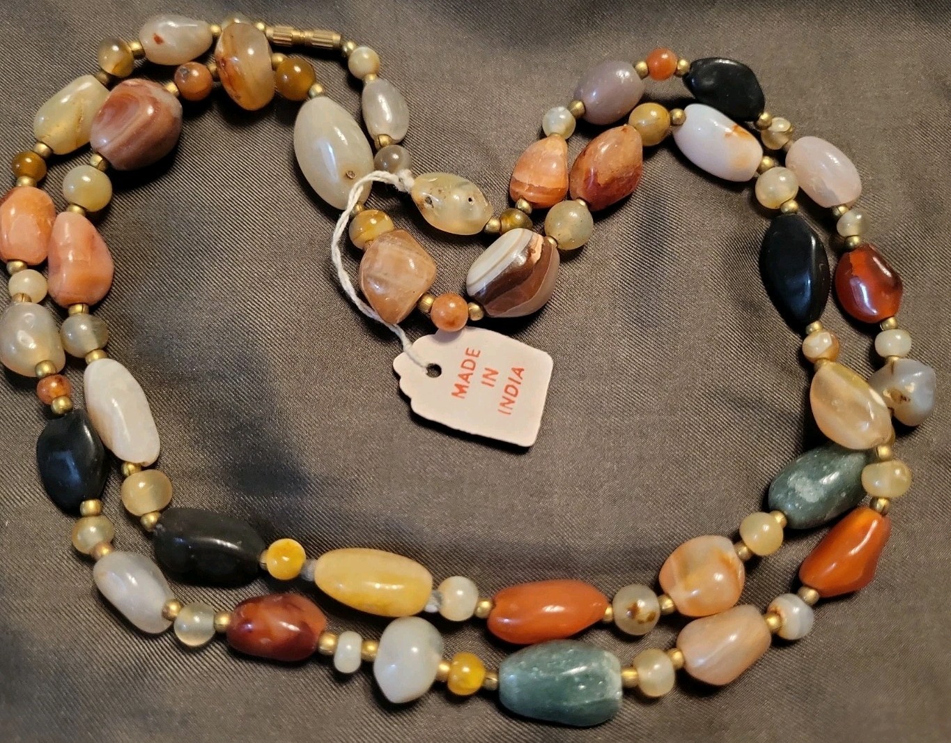 VTG Polished Gemstone Beggars Bead Necklace Agate, Aventurine, Quartz 37″ NOS