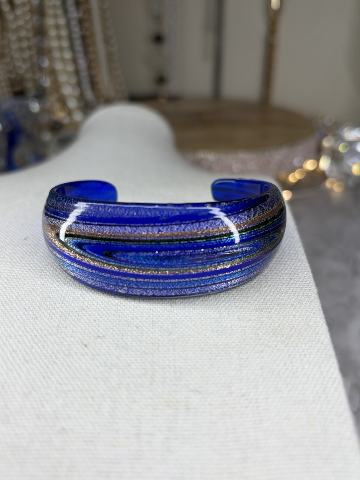 Venetian Colbalt Blue Murano Glass Bracelet Cuff Jewelry Art Glass Blue Sparkle